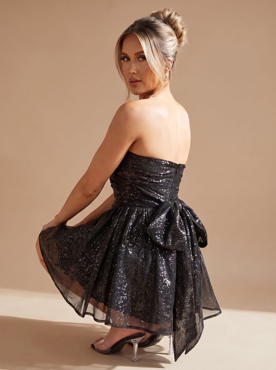 Dames Bandeau Mini Feestjurk Strapless Glitter Strik