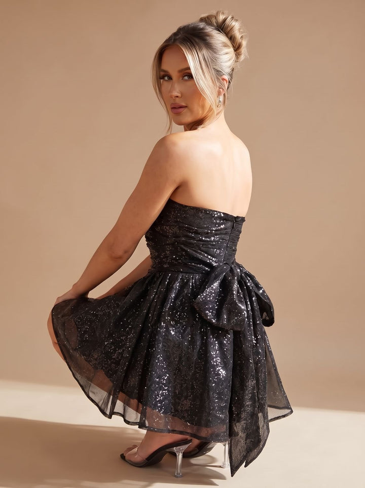 Dames Bandeau Mini Feestjurk Strapless Glitter Strik
