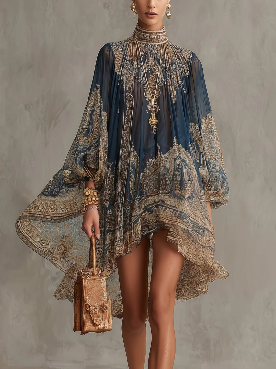 Dames Barok Print Chiffon Asymmetrische Jurk Hoge Hals - Navy