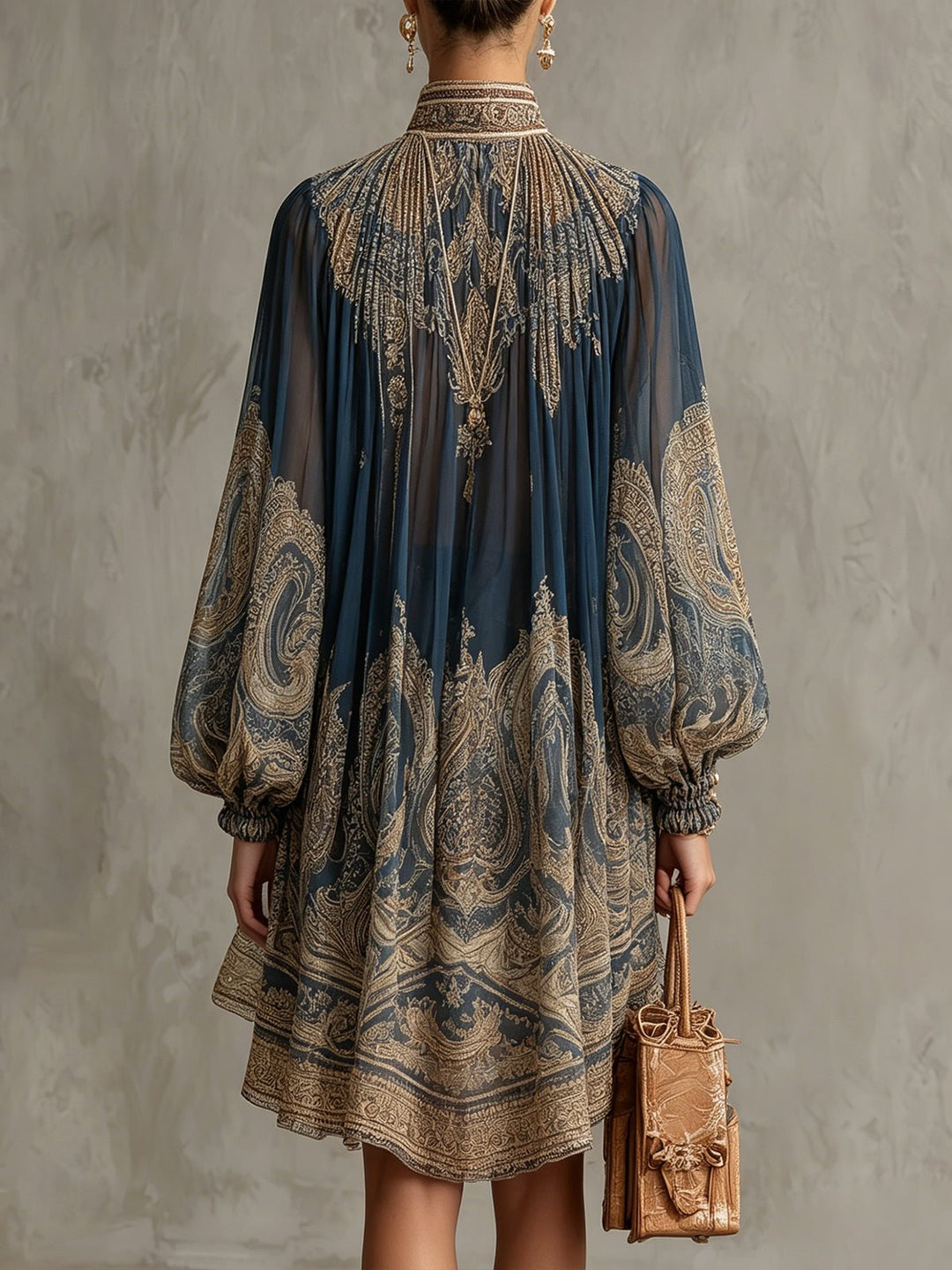 Dames Barok Print Chiffon Asymmetrische Jurk Hoge Hals