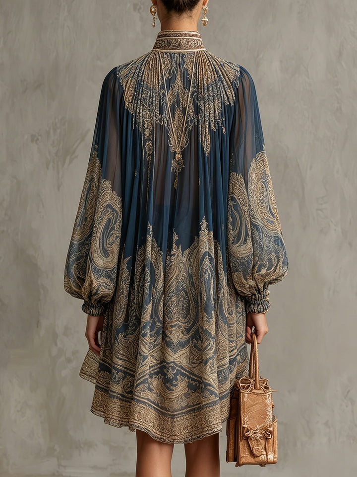 Dames Barok Print Chiffon Asymmetrische Jurk Hoge Hals