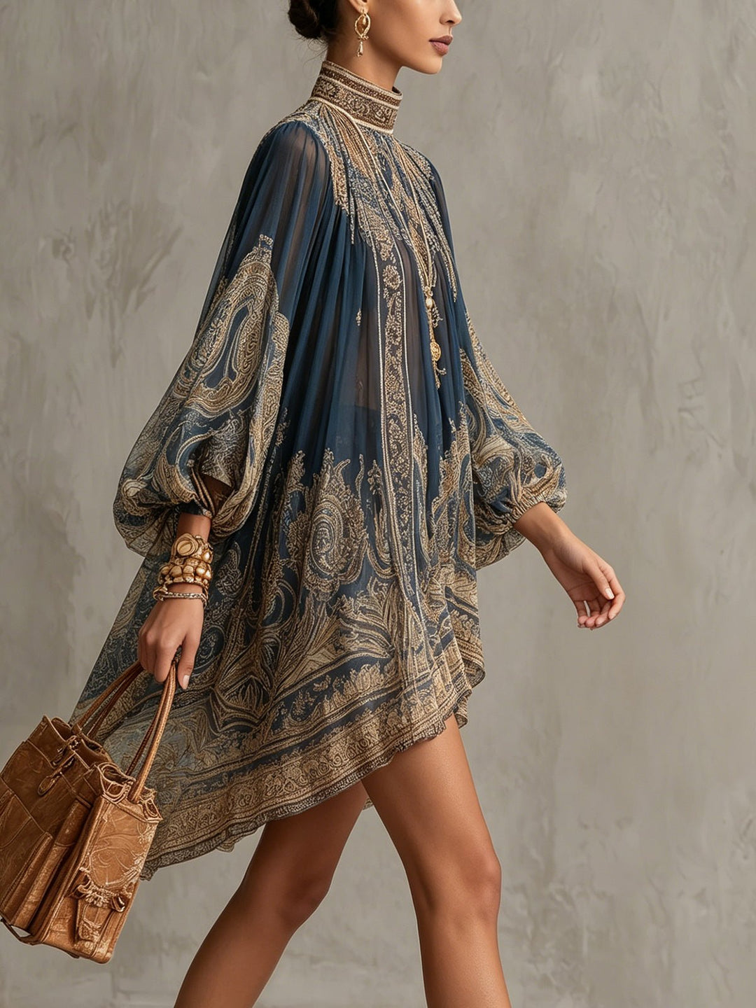 Dames Barok Print Chiffon Asymmetrische Jurk Hoge Hals