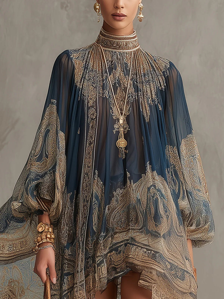 Dames Barok Print Chiffon Asymmetrische Jurk Hoge Hals