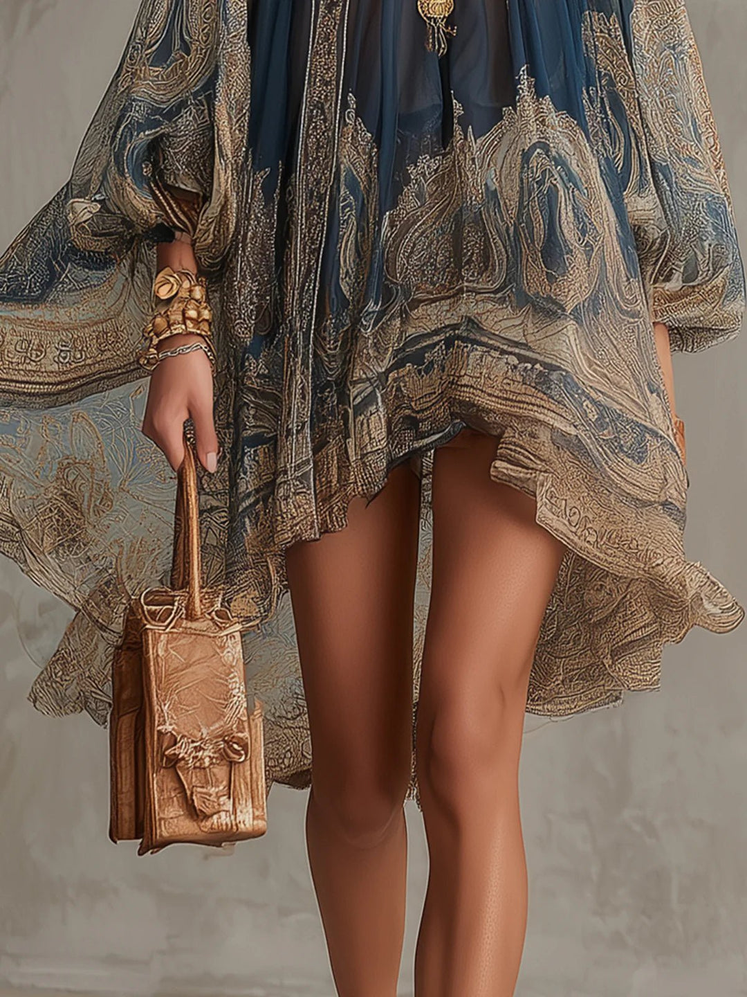 Dames Barok Print Chiffon Asymmetrische Jurk Hoge Hals