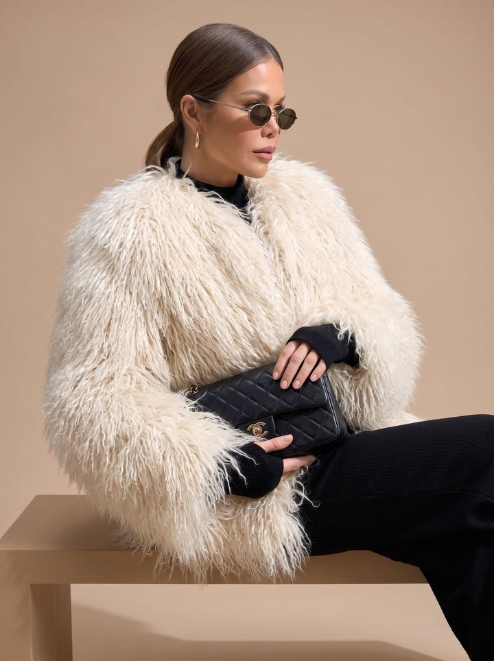 Dames Beige Fluffy Imitatiebont Faux Fur Coat Lange Mouwen