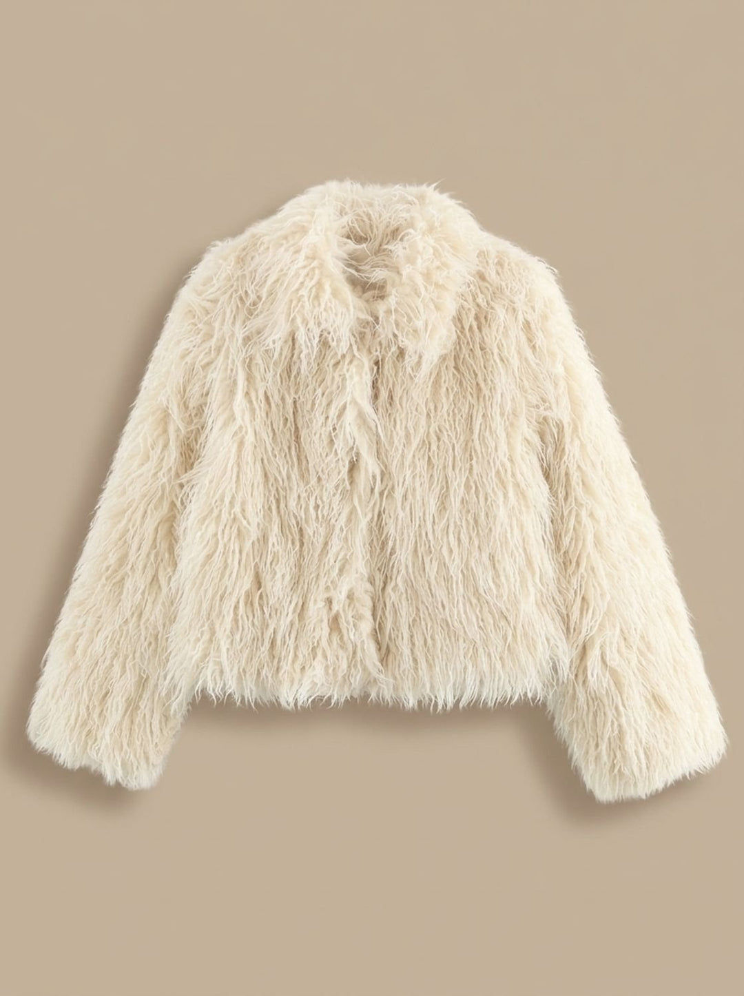 Dames Beige Fluffy Imitatiebont Faux Fur Coat Lange Mouwen - Lichtbruin