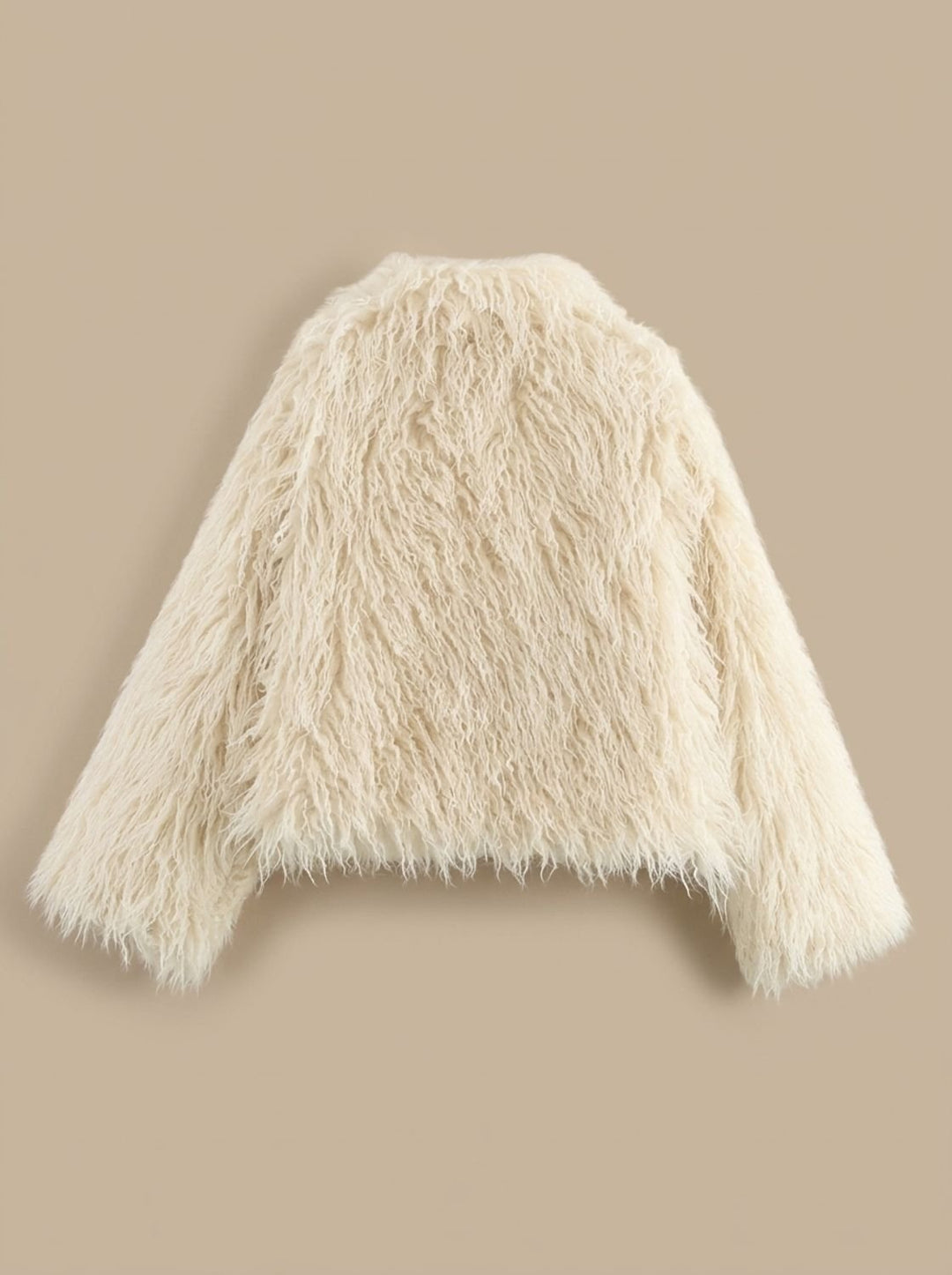 Dames Beige Fluffy Imitatiebont Faux Fur Coat Lange Mouwen