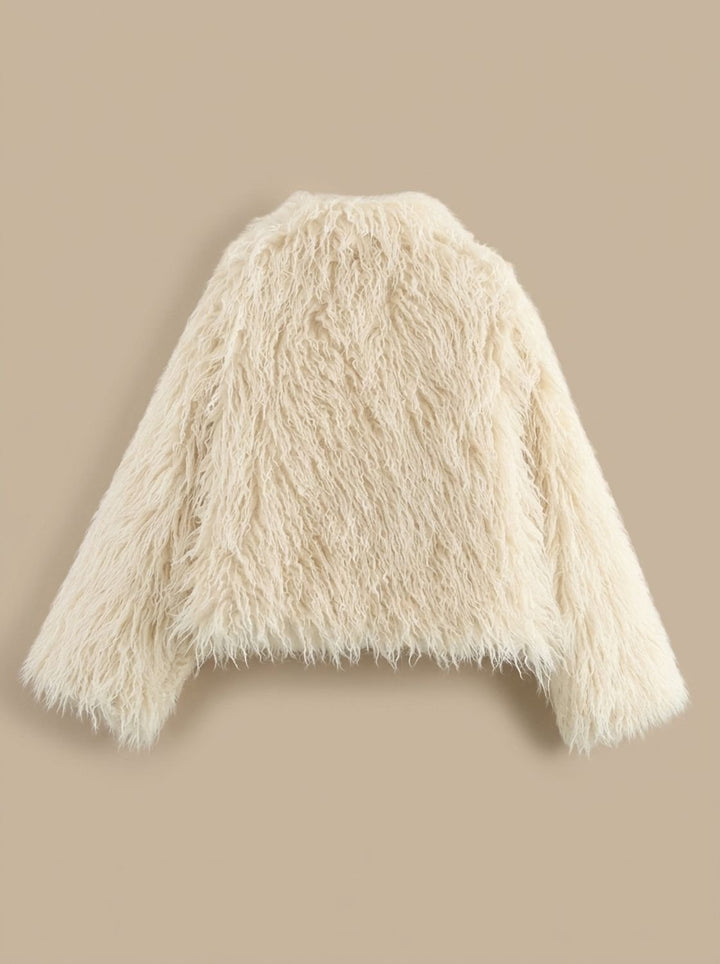 Dames Beige Fluffy Imitatiebont Faux Fur Coat Lange Mouwen