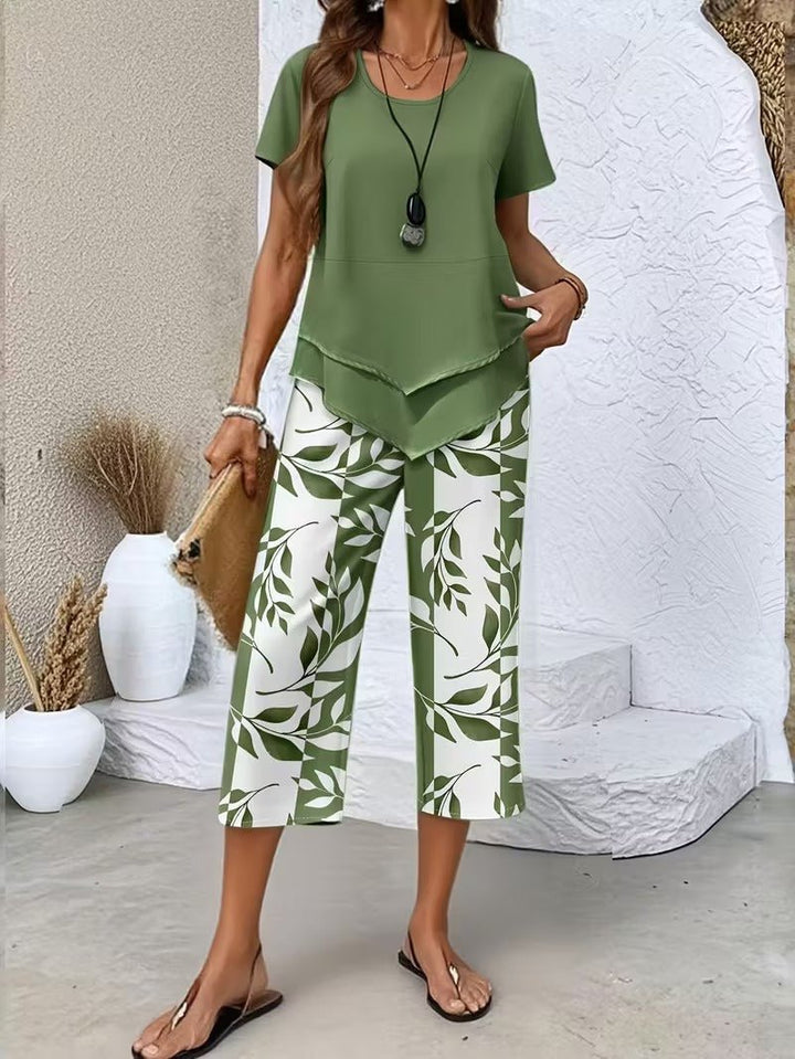Dames Bladprint Korte Mouw Gecoördineerde Twee-Delige Set - Green
