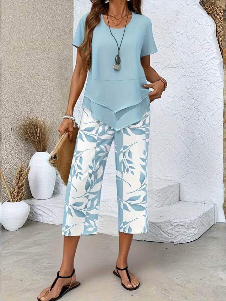 Dames Bladprint Korte Mouw Gecoördineerde Twee-Delige Set - Light Blue