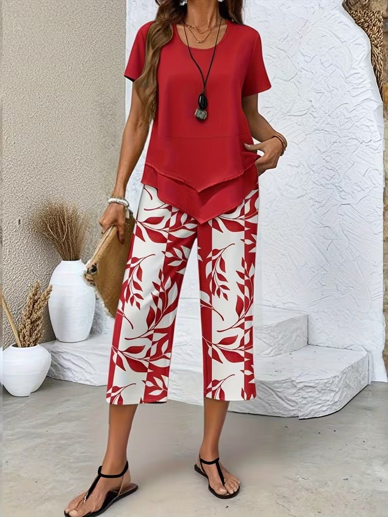 Dames Bladprint Korte Mouw Gecoördineerde Twee-Delige Set - Red