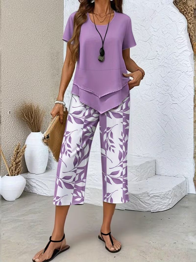 Dames Bladprint Korte Mouw Gecoördineerde Twee-Delige Set - Purple
