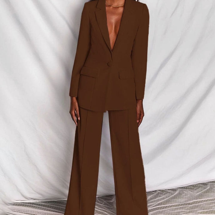 Dames Blazer en Pantalon Set Getailleerde Chique Zakelijke Look - Bruin