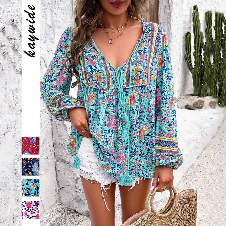 Dames Bloemen Boho Tunic V-hals Kwastjes Trekkoord Top