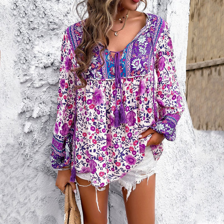 Dames Bloemen Boho Tunic V-hals Kwastjes Trekkoord Top - Lila