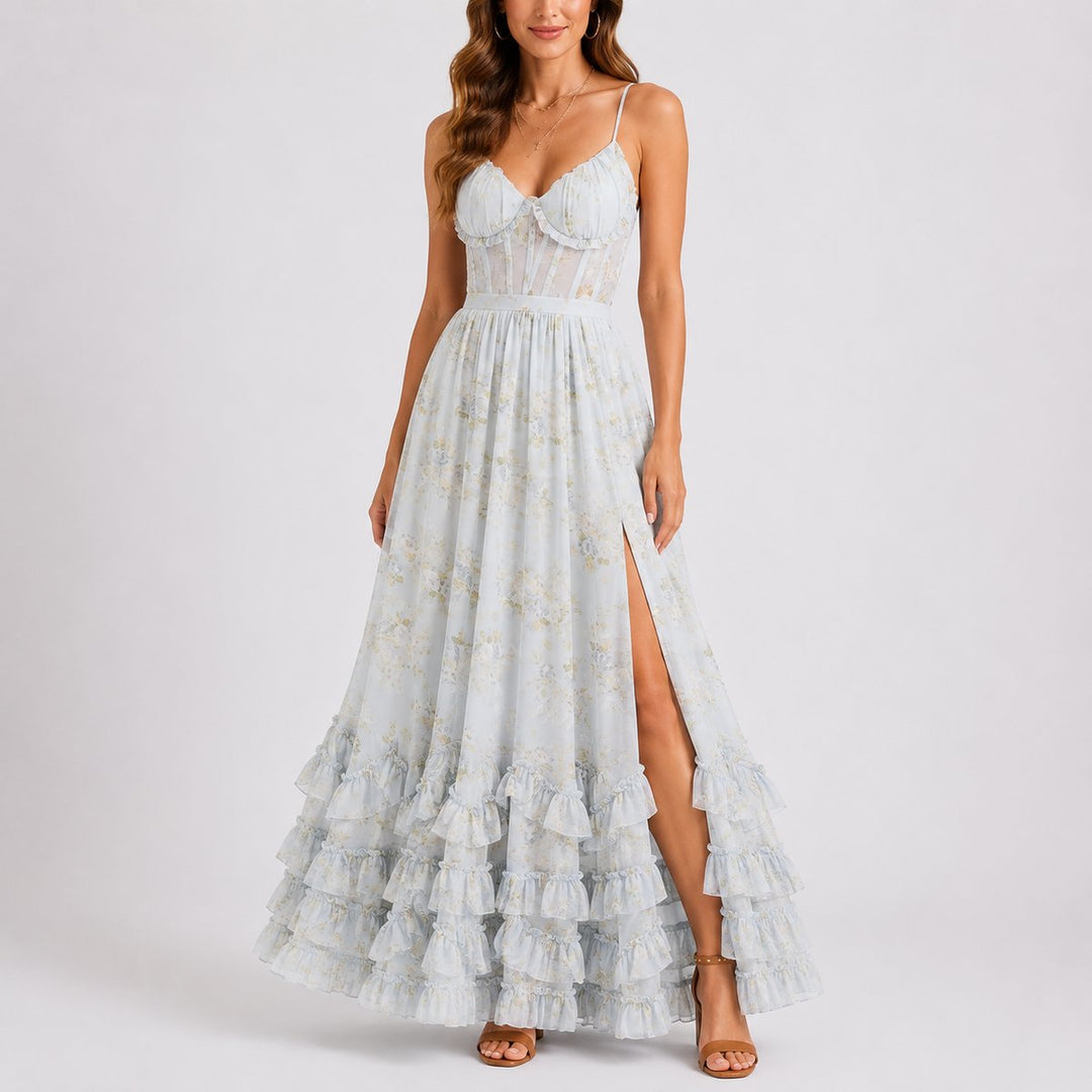 Dames Bloemen Corset Maxi Jurk Bruiloft Gast Herfst - Blauw