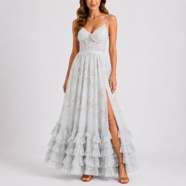 Dames Bloemen Corset Maxi Jurk Bruiloft Gast Herfst - Blauw