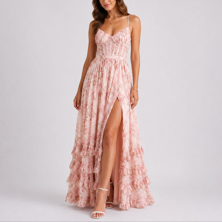 Dames Bloemen Corset Maxi Jurk Bruiloft Gast Herfst - Roze