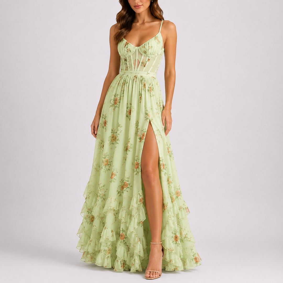 Dames Bloemen Corset Maxi Jurk Bruiloft Gast Herfst - Groen