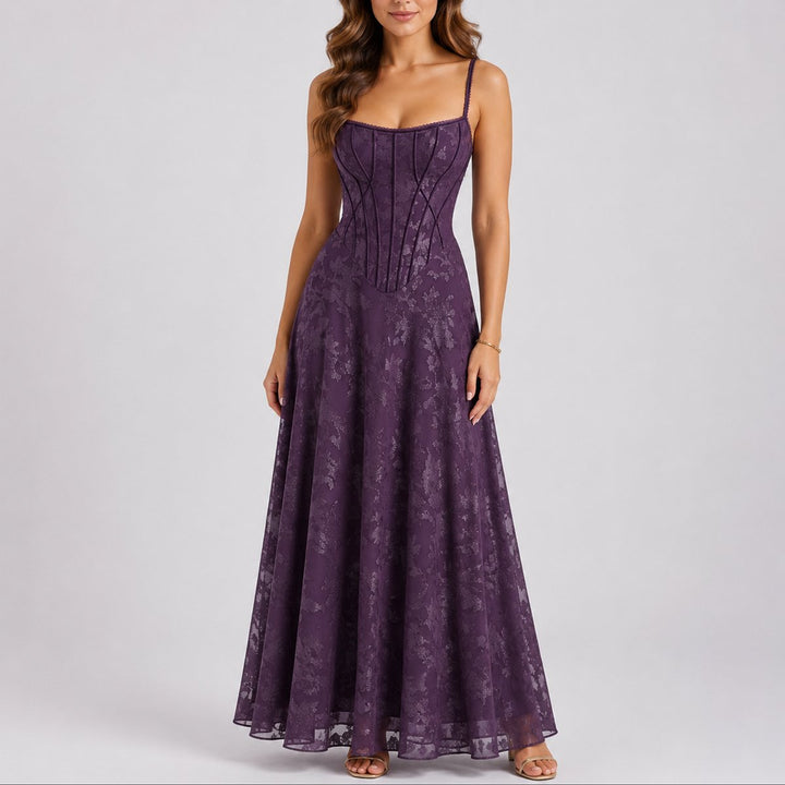 Dames Bloemen Corset Maxi Jurk Herfst Bruiloft Gast - Paars