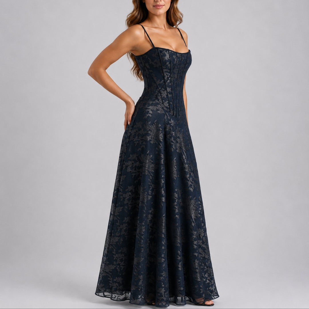 Dames Bloemen Corset Maxi Jurk Herfst Bruiloft Gast - Marineblauw