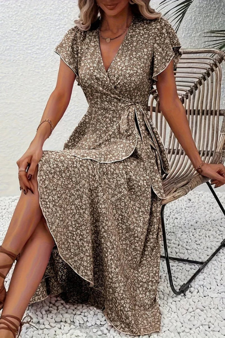 Dames Bloemen Maxi Evening Gown Wikkeljurk V-hals Korte Mouw - Camel