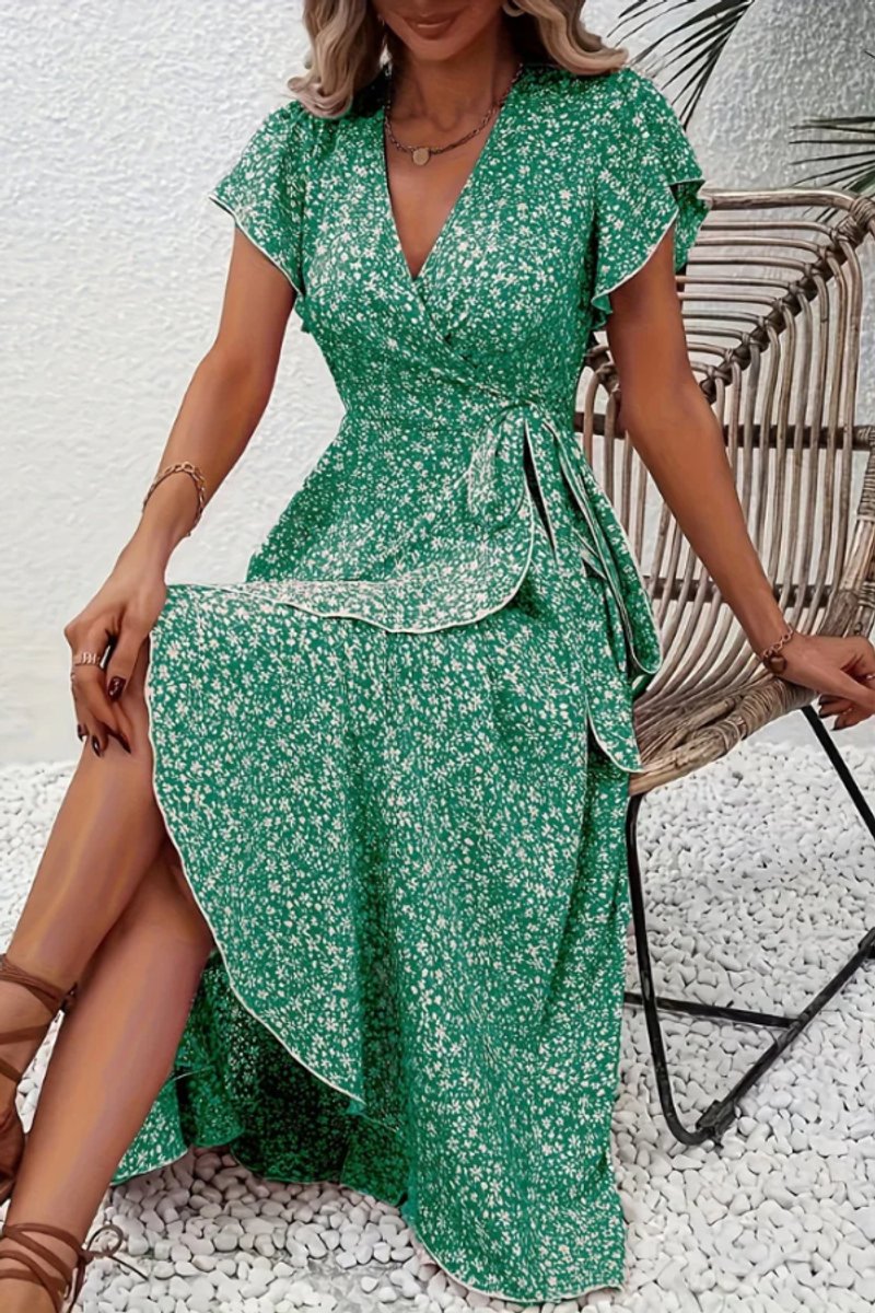 Dames Bloemen Maxi Evening Gown Wikkeljurk V-hals Korte Mouw - Green