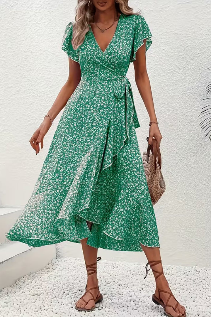 Dames Bloemen Maxi Evening Gown Wikkeljurk V-hals Korte Mouw