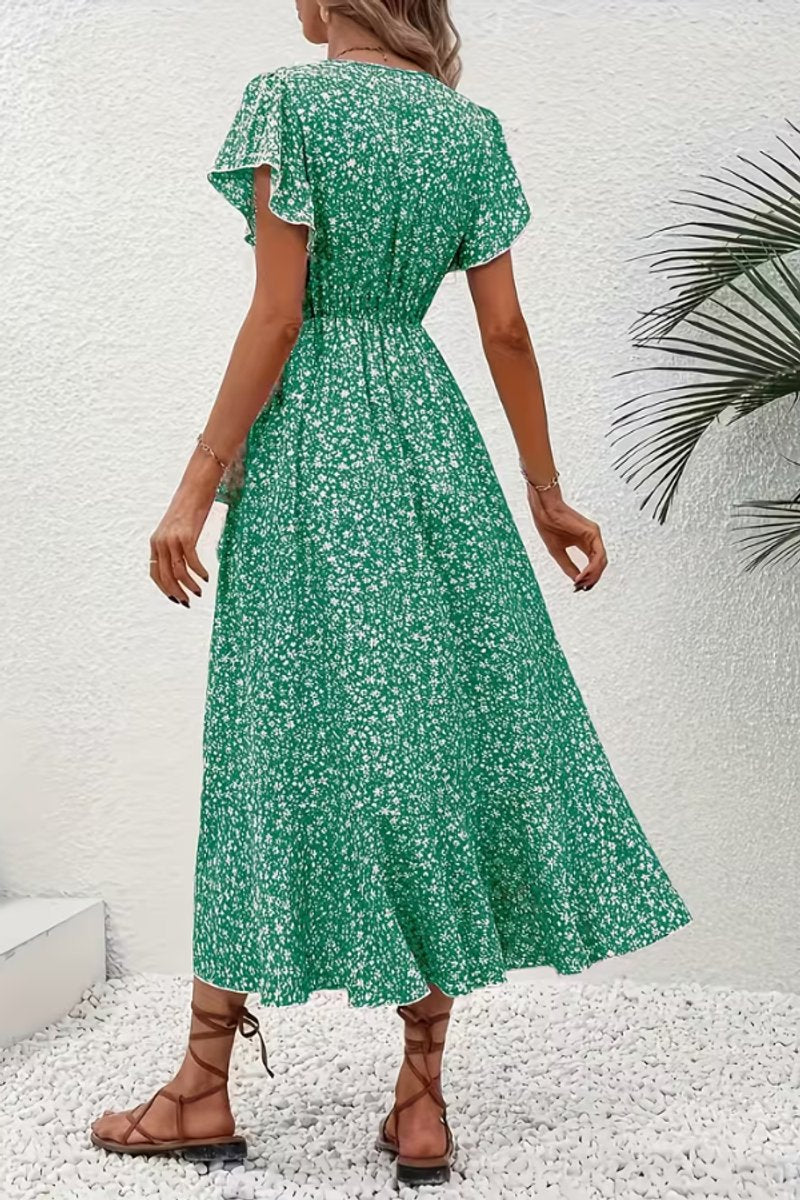 Dames Bloemen Maxi Evening Gown Wikkeljurk V-hals Korte Mouw