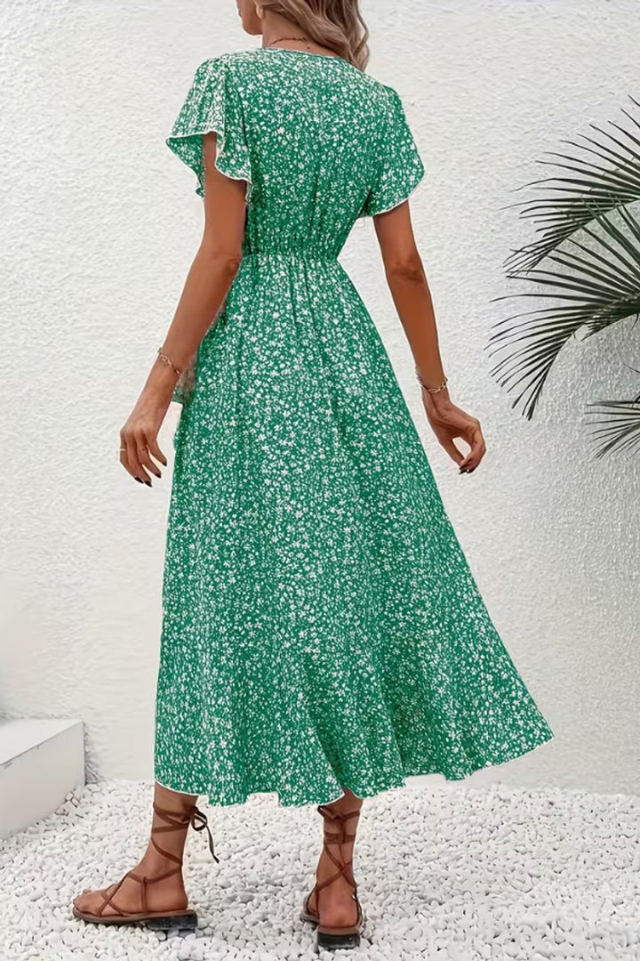 Dames Bloemen Maxi Evening Gown Wikkeljurk V-hals Korte Mouw
