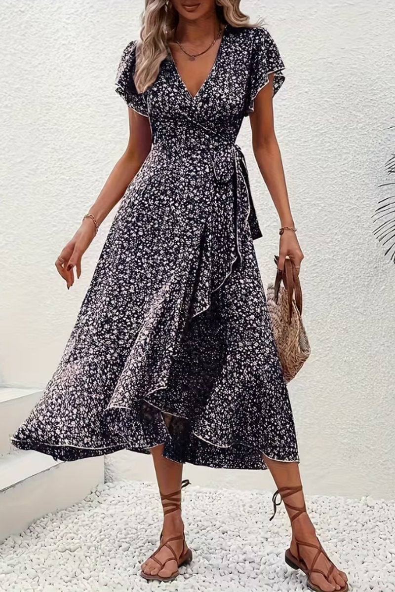 Dames Bloemen Maxi Evening Gown Wikkeljurk V-hals Korte Mouw