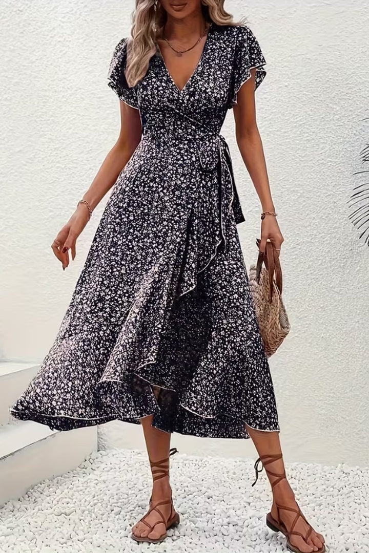 Dames Bloemen Maxi Evening Gown Wikkeljurk V-hals Korte Mouw