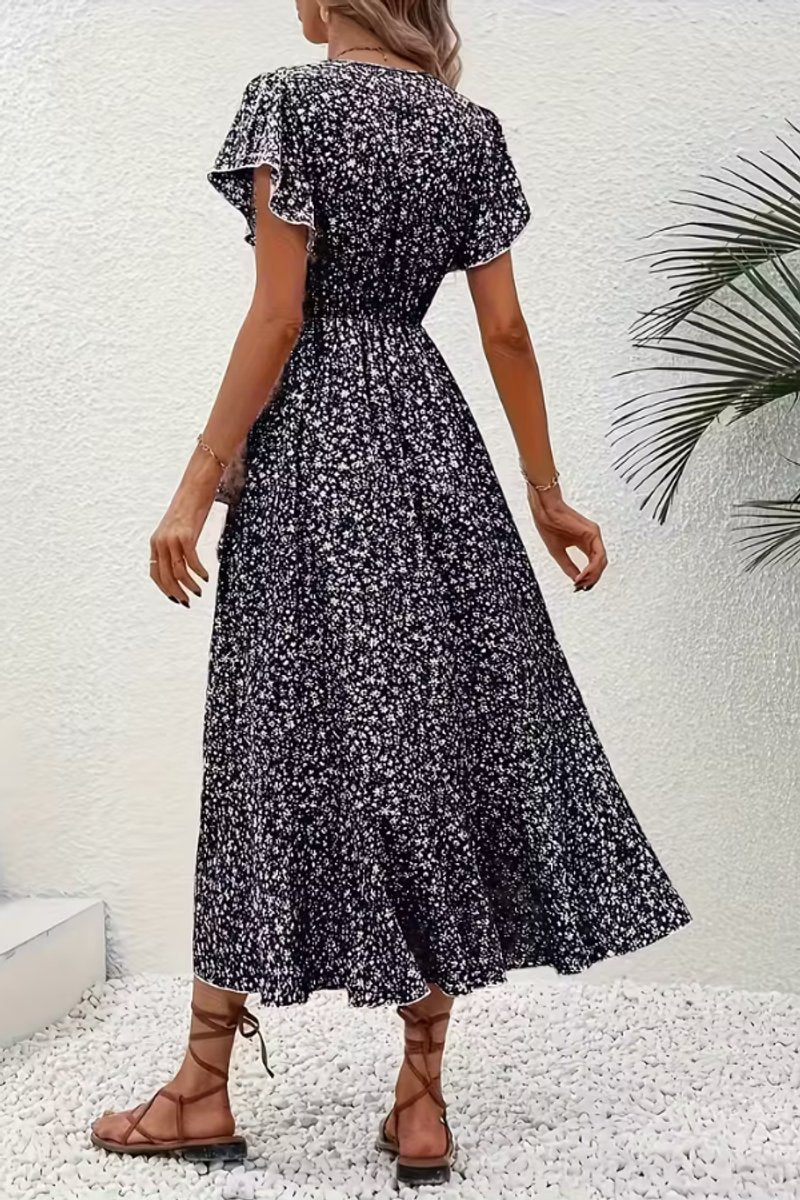 Dames Bloemen Maxi Evening Gown Wikkeljurk V-hals Korte Mouw