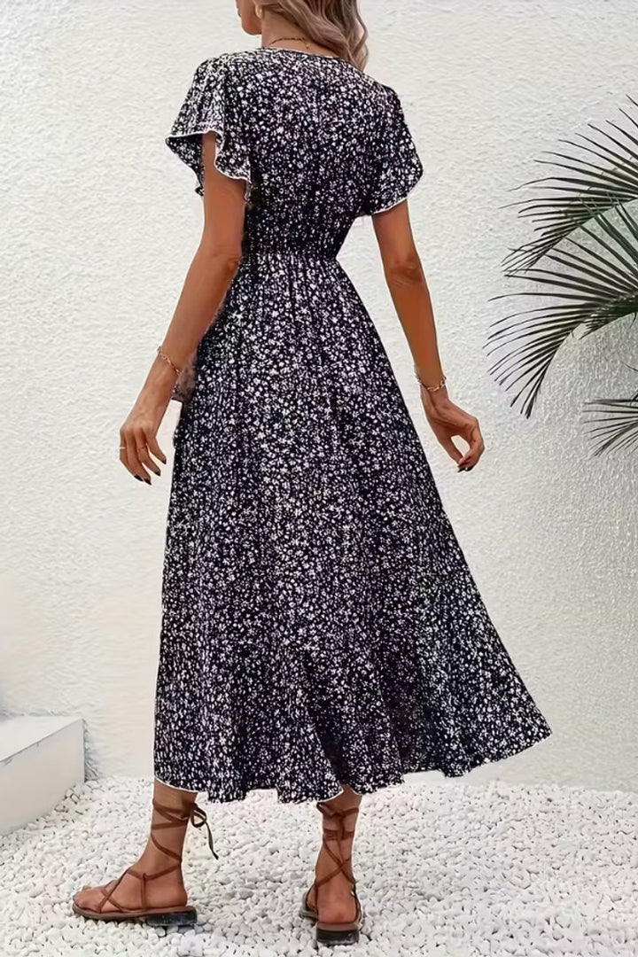Dames Bloemen Maxi Evening Gown Wikkeljurk V-hals Korte Mouw