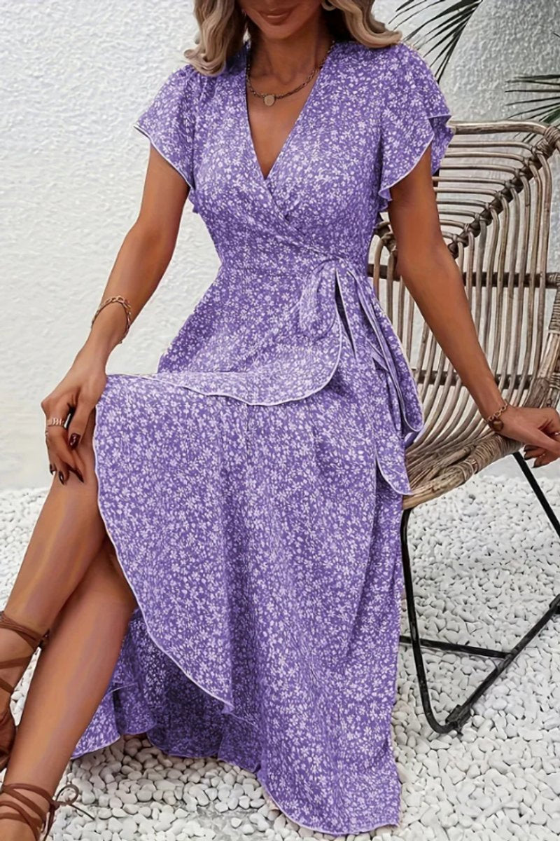 Dames Bloemen Maxi Evening Gown Wikkeljurk V-hals Korte Mouw - Purple