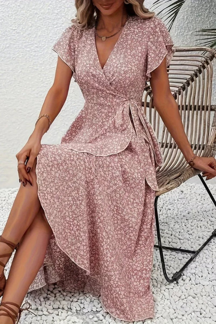 Dames Bloemen Maxi Evening Gown Wikkeljurk V-hals Korte Mouw - Pink
