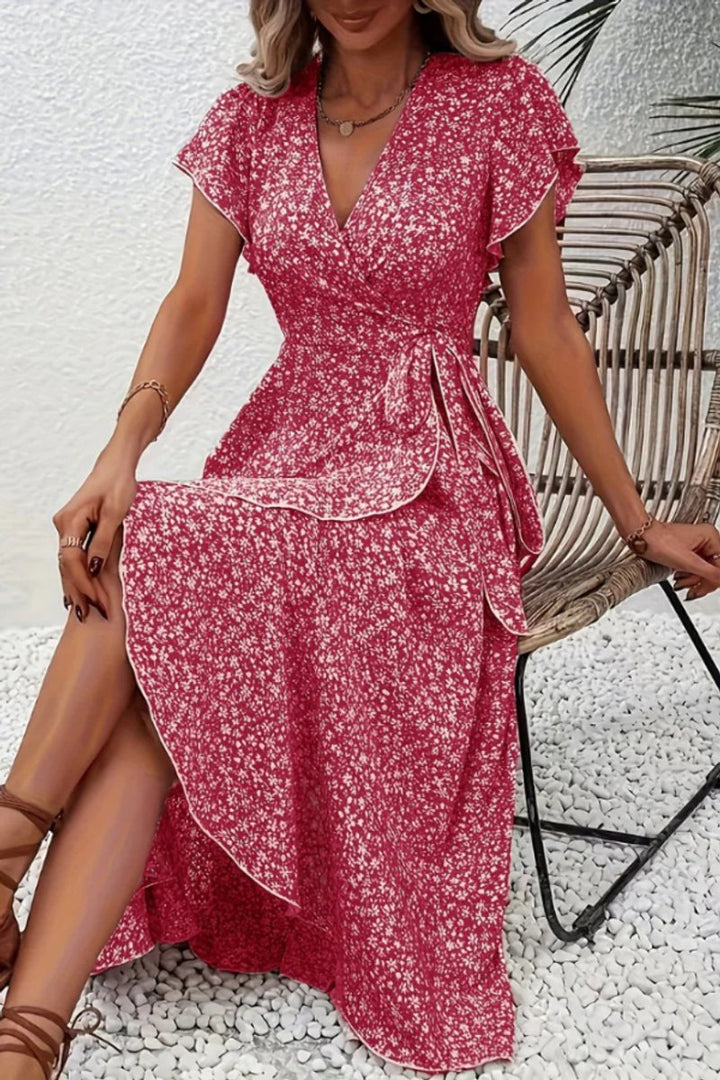 Dames Bloemen Maxi Evening Gown Wikkeljurk V-hals Korte Mouw - Pink 2