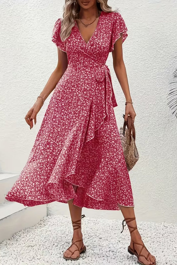 Dames Bloemen Maxi Evening Gown Wikkeljurk V-hals Korte Mouw