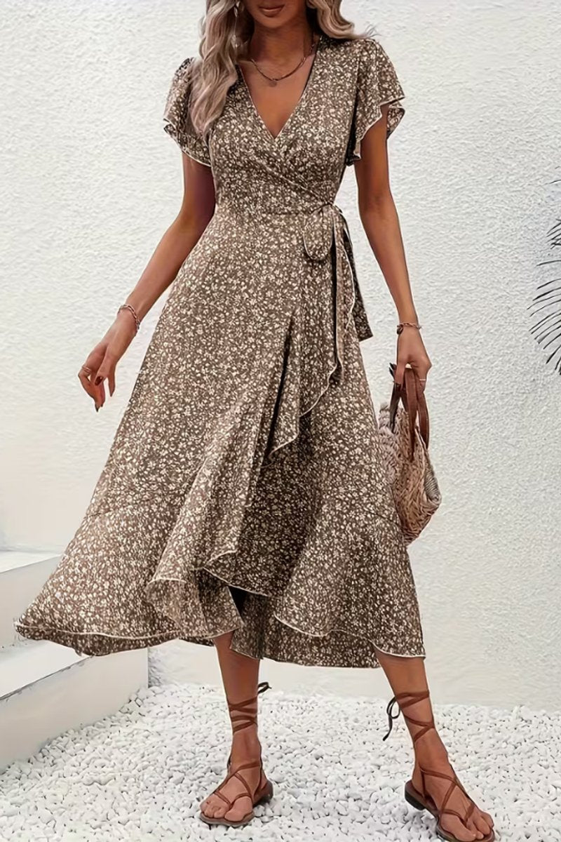 Dames Bloemen Maxi Evening Gown Wikkeljurk V-hals Korte Mouw