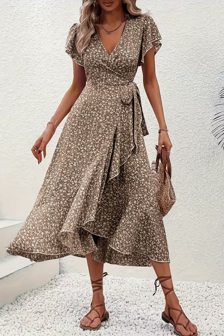 Dames Bloemen Maxi Evening Gown Wikkeljurk V-hals Korte Mouw