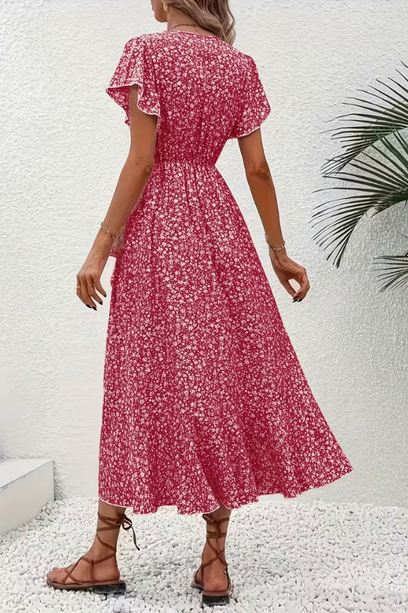 Dames Bloemen Maxi Evening Gown Wikkeljurk V-hals Korte Mouw
