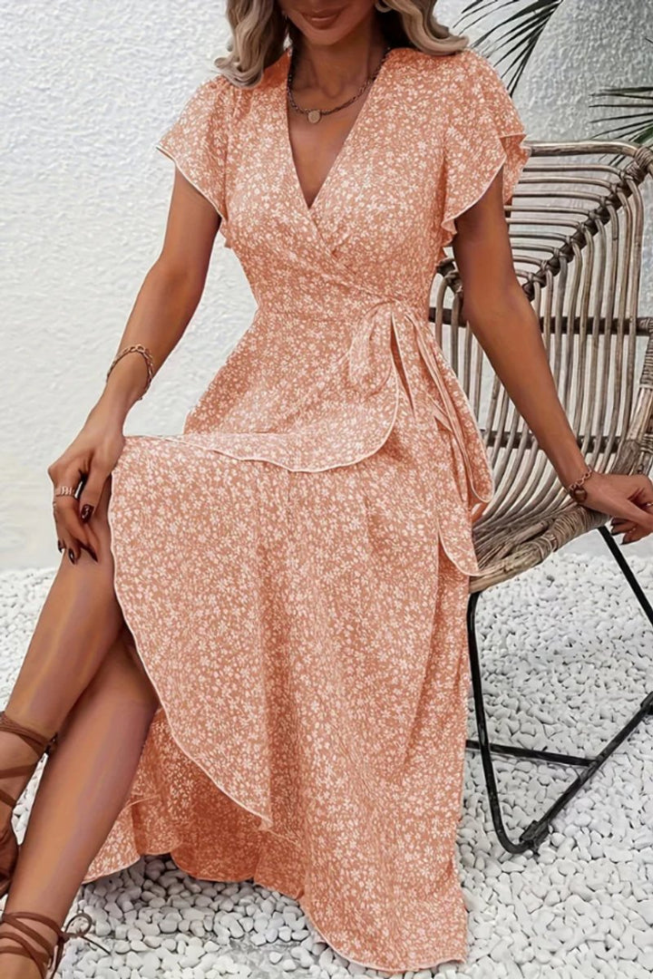 Dames Bloemen Maxi Evening Gown Wikkeljurk V-hals Korte Mouw - Orange Pink