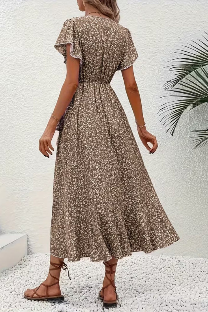 Dames Bloemen Maxi Evening Gown Wikkeljurk V-hals Korte Mouw