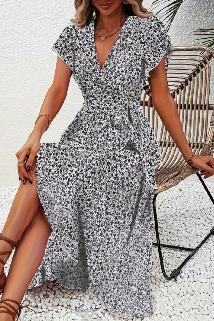 Dames Bloemen Maxi Evening Gown Wikkeljurk V-hals Korte Mouw - Black And White