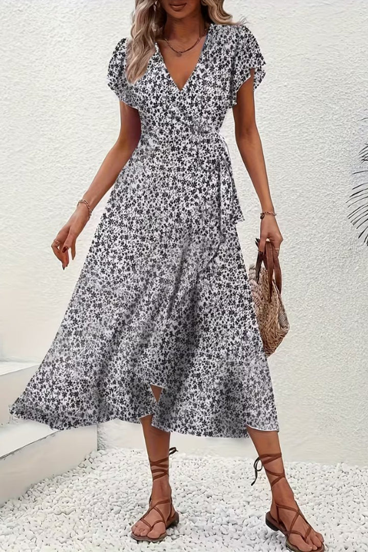 Dames Bloemen Maxi Evening Gown Wikkeljurk V-hals Korte Mouw