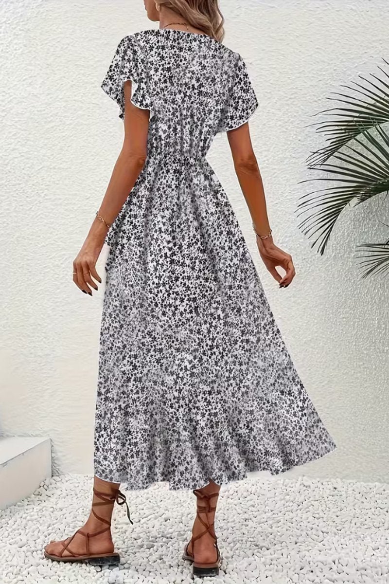 Dames Bloemen Maxi Evening Gown Wikkeljurk V-hals Korte Mouw