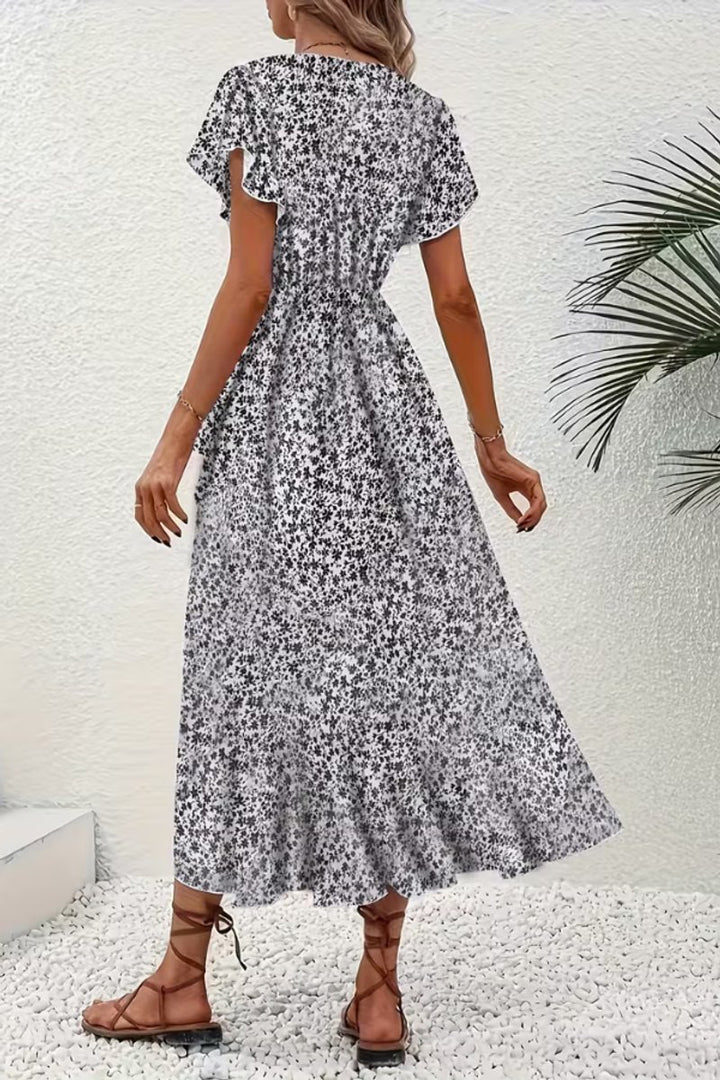 Dames Bloemen Maxi Evening Gown Wikkeljurk V-hals Korte Mouw