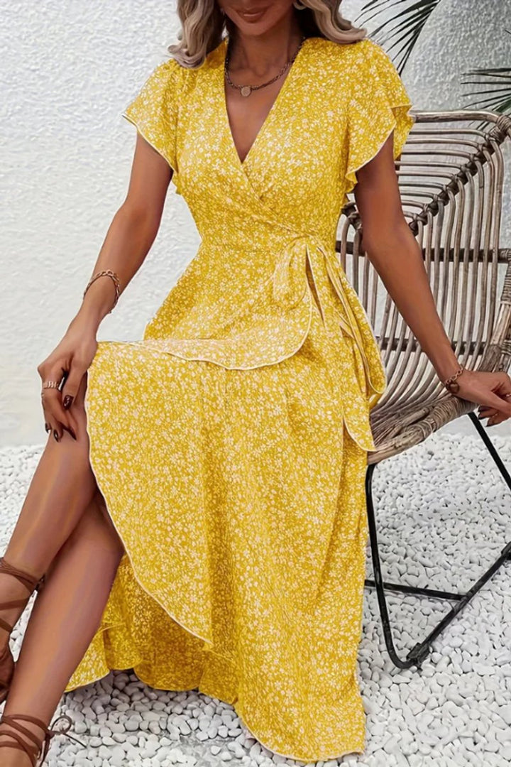 Dames Bloemen Maxi Evening Gown Wikkeljurk V-hals Korte Mouw - Yellow