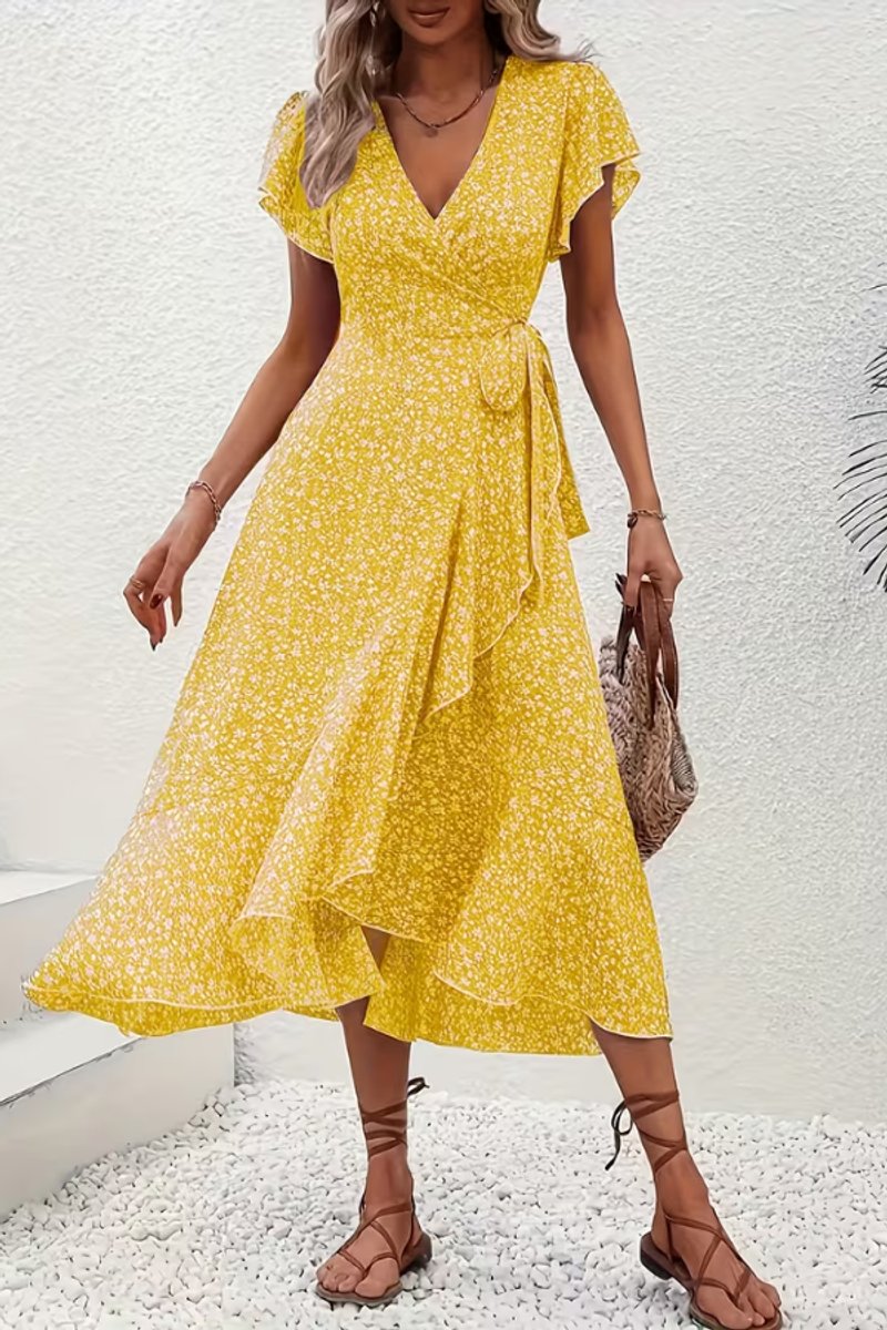 Dames Bloemen Maxi Evening Gown Wikkeljurk V-hals Korte Mouw