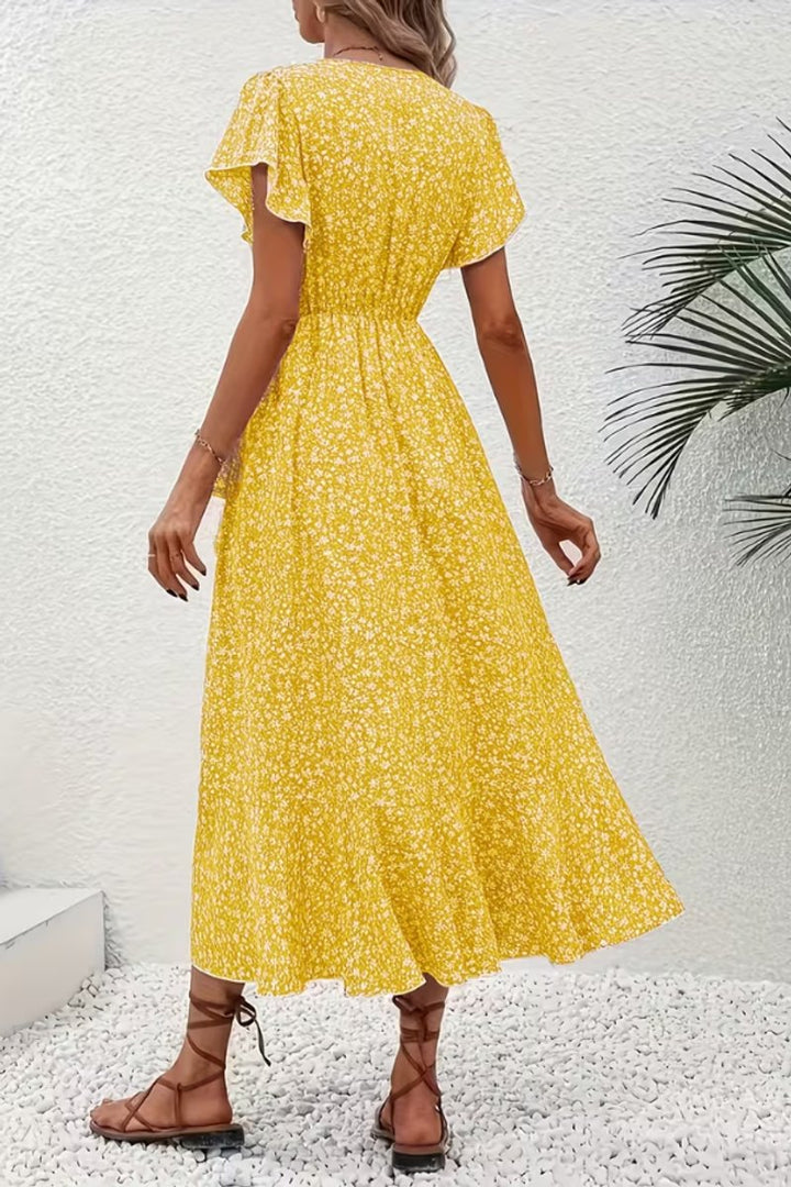 Dames Bloemen Maxi Evening Gown Wikkeljurk V-hals Korte Mouw